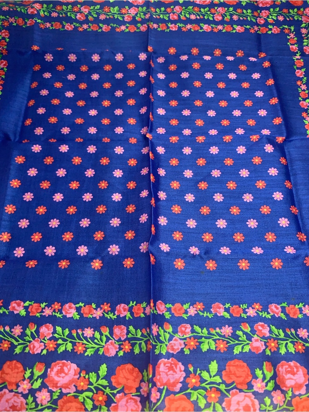 Yves Saint Laurent Navy Blue Handkerchief with Red and Pink Floral Border